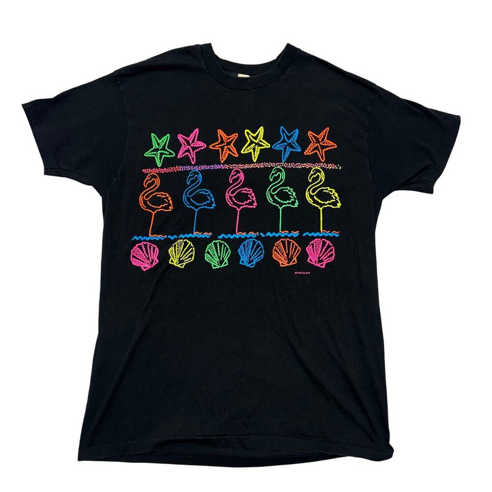 Vintage Turtle Bay T-Shirt XXXL Black Flamingo Starfish Seashell Cotton USA 90s